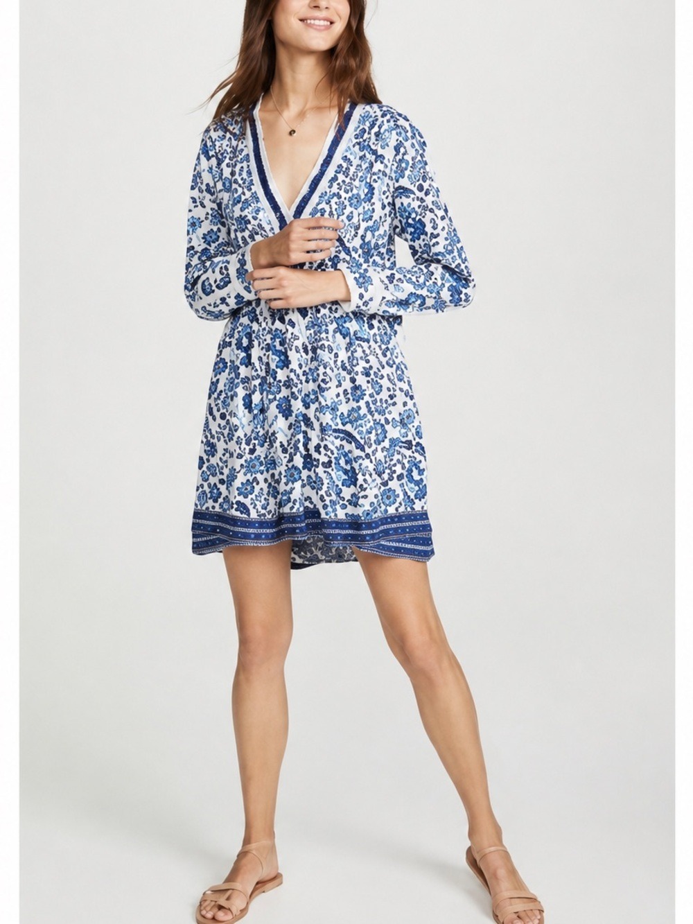 Poupette St Barth Blue Floral Mini Dress Long Sleeve Size Medium